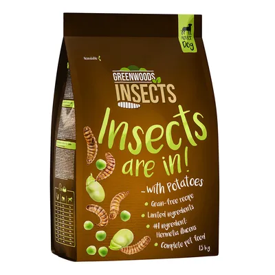 Greenwoods Insects Adult Dog. Insekten mit Kartoffeln, getreidefreie Rezeptur, begrenzte Zutaten, Hauptzutat Hermetia illucens, vollständiges Tierfutter, wiederverschliessbar, 1,5 kg.