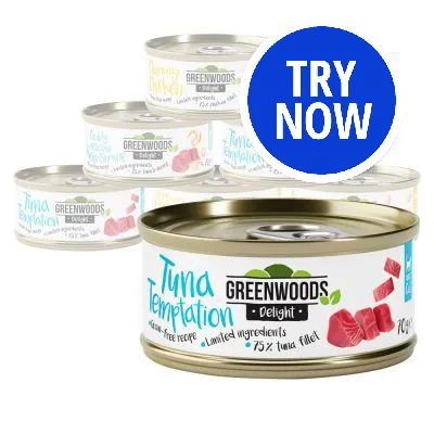Greenwoods Delight Tuna Temptation cans with text: grain-free recipe, limited ingredients, 75% tuna fillet. Blue circle with white text: TRY NOW.
