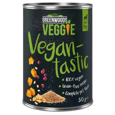 Greenwoods Veggie Vegan-tastic, 100 % vegánske, bezobilninová receptúra, kompletné krmivo pre dospelých psov, 375 g. Greenwoods Veggie Vegan-tastic, 100 % vegánske, bezobilninová receptúra, kompletné krmivo pre dospelých psov, 375 g.