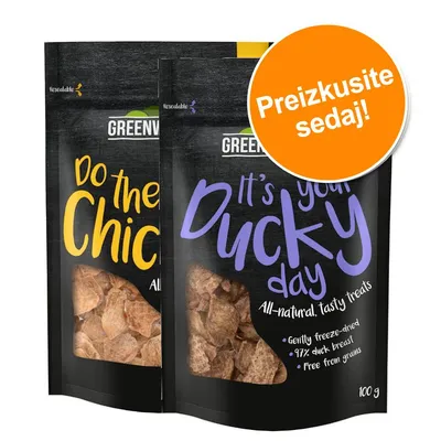 GREENWILD priboljški za pse, napis na embalaži: Do the Chick, It's your Ducky day. Oranžni krog z besedilom: Preizkusite sedaj! 100 g. Gently freeze-dried, 97% duck breast, free from grains.
