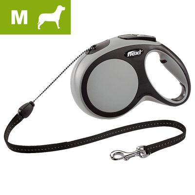 Guinzaglio estensibile Flexi, taglia M, con manico ergonomico in plastica nera e grigia, corda nera e moschettone in metallo visibile.
