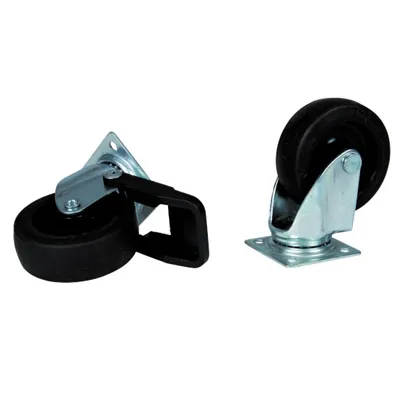 To hjul med sorte gummidæk og metalbeslag, det ene med sort plastdel. Velegnet til montering under bure eller transportkasser.