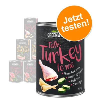 GREENWOODS Talk Turkey to me, 400 g. Texte en anglais : grain-free recipe, limited ingredients, single meat, stew-style. Slogan orange : Jetzt testen! Autres boîtes visibles à l’arrière. GREENWOODS Talk Turkey to me, 400 g. Texte en anglais : grain-free recipe, limited ingredients, single meat, stew-style. Slogan orange : Jetzt testen! Autres boîtes visibles à l’arrière.
