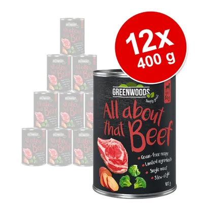 Lot de 12 boîtes Greenwoods All about that Beef, 400 g chacune. Texte visible : Grain-free recipe, Limited ingredients, Single meat, Stew-style. Image de viande, patate douce, brocoli. Lot de 12 boîtes Greenwoods All about that Beef, 400 g chacune. Texte visible : Grain-free recipe, Limited ingredients, Single meat, Stew-style. Image de viande, patate douce, brocoli.