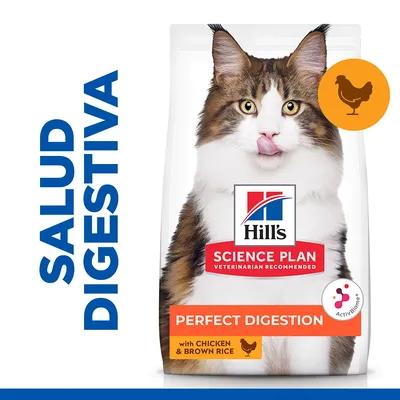 Hill's Science Plan Perfect Digestion para gatos, con pollo y arroz integral. Texto visible: SALUD DIGESTIVA, with CHICKEN & BROWN RICE, ActivBiome+. Imagen de un gato en el envase.