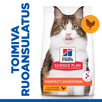 Hill's Science Plan Perfect Digestion kissanruokapakkaus, teksti: toimiva ruoansulatus, with chicken & brown rice, kanan kuvake, ActivBiome+ merkki, Maine Coon -kissa kannessa.