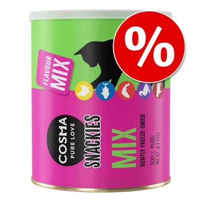 Cosma Pure Love Snackies Mix, 100 % pure meat & fish, gently freeze-dried. Flavour Mix. Stor röd procent-symbol visar erbjudande.