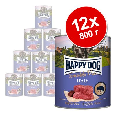 Набор из 12 консервов Happy Dog Sensible Pure Italy, 800 г. На банке изображены куски мяса и значок с бизоном. Видна надпись: Buffalo Pure.