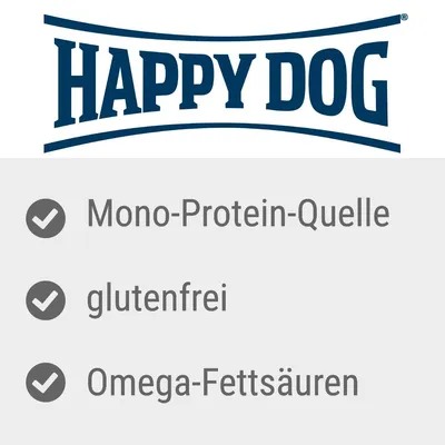 Happy Dog. Mono-Protein-Quelle, glutenfrei, Omega-Fettsäuren (besedilo v nemščini).