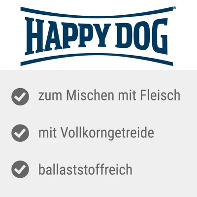 Happy Dog. zum Mischen mit Fleisch, mit Vollkorngetreide, ballaststoffreich (текст на немецком языке)