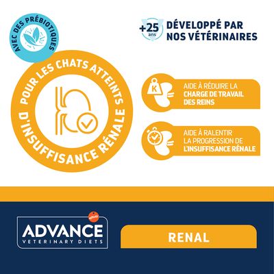 Advance Veterinary Diets Renal. Avec des prébiotiques. Pour les chats souffrant d'insuffisance rénale. Développé par des vétérinaires. Soutient la fonction rénale et ralentit la progression de la maladie.