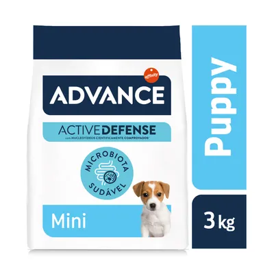 Saco de ração Advance Active Defense Mini Puppy 3 kg, com texto: 'Microbiota Saudável' e 'com nucleótidos cientificamente comprovados'. Marca Affinity visível.