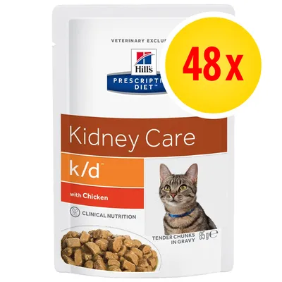 Hill's Prescription Diet Kidney Care k/d with Chicken, 48x85 g annospussit, kissan märkäruoka. Pakkauksessa kuva kissasta ja ruoka-annoksesta. Teksti: Clinical Nutrition.