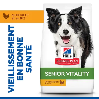 Hill's Science Plan Senior Vitality au poulet et riz. Texte : Vieillissement en bonne santé. L'emballage présente une image de chien.