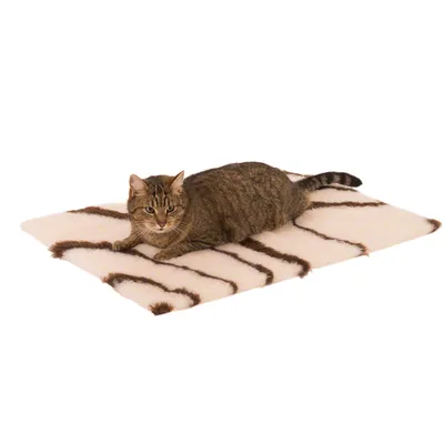 Randig kattmadrass med en katt på, lämplig för komfort och avkoppling.