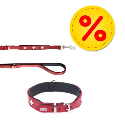 Ensemble laisse et collier Hunter en cuir rouge avec croix blanches, boucle métallique, pastille jaune avec symbole pourcentage rouge indiquant une offre ou promotion visible.