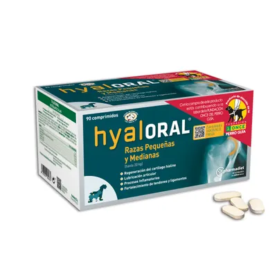 Embalagem de 90 comprimidos hyalORAL Razas Pequenas y Medianas, até 20 kg. Indicações: regeneração do cartilagem hialino, lubrificação articular, processos inflamatórios, tendões e ligamentos.