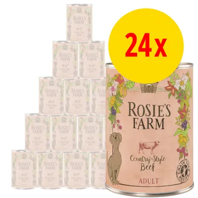 Rosie’s Farm Country-Style Beef Adult våtfoder, 24-pack burkar. Stor gul cirkel med röd text: 24x. Texten 'Grain Free Recipe' synlig på burken.