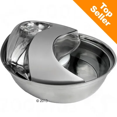 Fontanella per animali in metallo con flusso d'acqua visibile. Angolo arancione in alto a destra con testo: Top Seller.