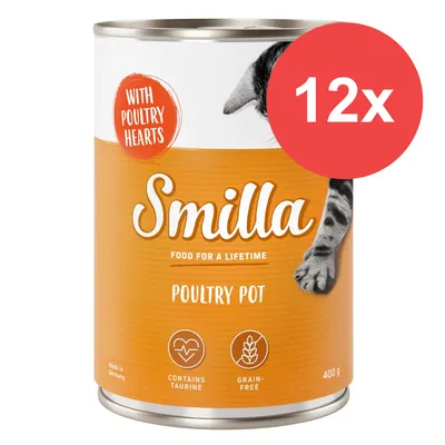 Smilla Poultry Pot, 400 g, zestaw 12x. Z widocznym napisem: with poultry hearts, contains taurine, grain-free. Na opakowaniu fragment kota.