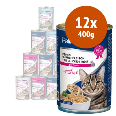 12 lattine da 400 g Feline Porta 21 Feines Hühnerfleisch Fine Chicken Meat, etichetta con gatto e scritta Best Seller visibile sulla confezione.