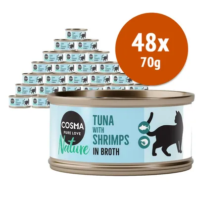 48 lattine da 70 g Cosma Nature Tuna with Shrimps in Broth, etichetta visibile con silhouette di gatto e testo inglese. Alimento umido per gatti.
