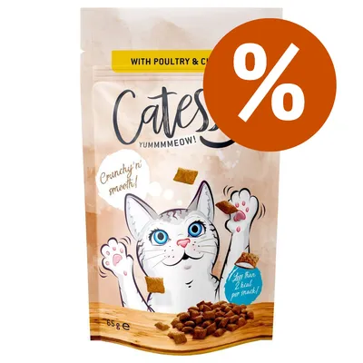 Catesy Yummmeow! snack per gatti, 65 g, con scritte visibili: 'With poultry & cheese', 'Crunchy'n'smooth!', 'Less than 2 kcal per snack', simbolo percentuale promozionale arancione. Catesy Yummmeow! snack per gatti, 65 g, con scritte visibili: 'With poultry & cheese', 'Crunchy'n'smooth!', 'Less than 2 kcal per snack', simbolo percentuale promozionale arancione.