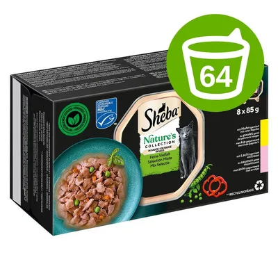 Sheba Nature's Collection macskaeledel, 8 x 85 g, zöld MSC tanúsítvány, tálban húsos falatok, 64-es adag ikon, látható borsó és paprika képek a csomagoláson. Sheba Nature's Collection macskaeledel, 8 x 85 g, zöld MSC tanúsítvány, tálban húsos falatok, 64-es adag ikon, látható borsó és paprika képek a csomagoláson.
