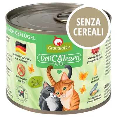 GranataPet DeliCATessen Paté Junior Geflügel, senza cereali, prodotto in Germania, con semi di melagrana e olio di salmone. Testo visibile: SENZA CEREALI.