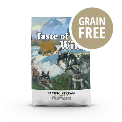 Taste of the Wild Pacific Stream Puppy Formula with Smoked Salmon, A Grain-Free Diet. Testo visibile: GRAIN FREE.