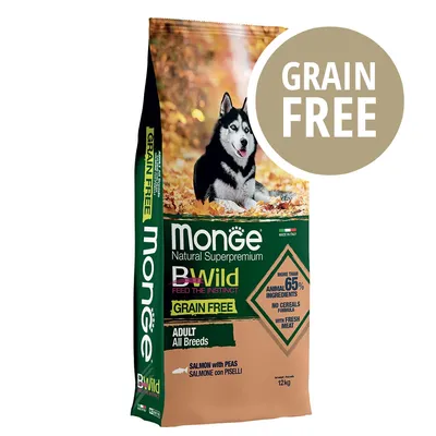 Sacchetto Monge Natural Superpremium BWild Grain Free Adult All Breeds, salmone con piselli, 12 kg. Testo visibile: GRAIN FREE, più del 65% ingredienti animali, senza cereali, carne fresca. Sacchetto Monge Natural Superpremium BWild Grain Free Adult All Breeds, salmone con piselli, 12 kg. Testo visibile: GRAIN FREE, più del 65% ingredienti animali, senza cereali, carne fresca.