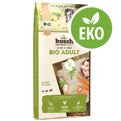 bosch BIO ADULT hundfoder, 11,5 kg. Text: 22 protein, 13 fetthalt, 45 % färsk bio-kyckling, ekologiska äpplen, speciell örtblandning. Stor grön EKO-symbol synlig.