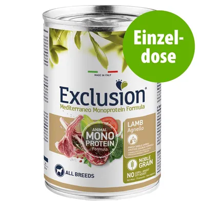 Exclusion Mediterraneo Monoprotein Formula Lamm, Einzeldose, Animal Mono Protein, Noble Grain, kein Mais, Weizen oder Soja, Made in Italy, für alle Rassen.