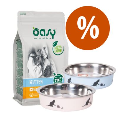 Welcome Kit Kitten 1,5 kg Oasy Kitten Pollo + Ciotola Karlie Ascar 1,5 kg crocchette + ciotola rosa