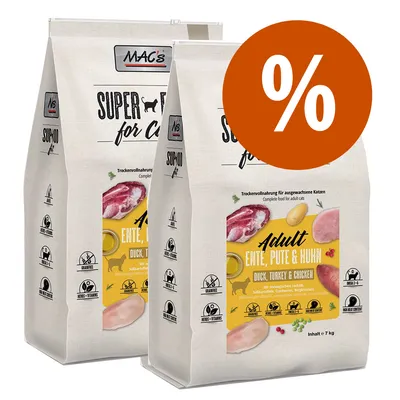 2 sacchi MAC's Super Food for Cats Adult Ente, Pute & Huhn da 7 kg ciascuno, offerta con simbolo percentuale arancione visibile sull'immagine.