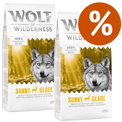 2 sacchi Wolf of Wilderness Sunny Glade 12 kg, ricetta 100% grain-free. Offerta con simbolo percentuale visibile.