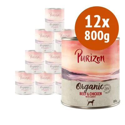 12 lattine da 800 g Purizon Organic Beef & Chicken with Carrot, testo visibile: 13% e disegno cane sulla confezione.
