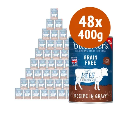 48 lattine da 400 g di Butcher's Grain Free Recipe in Gravy, con manzo e verdure. Testo visibile: 'With Beef & Garden Veg', 'Supporting UK Farmers', 'With Gravy'. 48 lattine da 400 g di Butcher's Grain Free Recipe in Gravy, con manzo e verdure. Testo visibile: 'With Beef & Garden Veg', 'Supporting UK Farmers', 'With Gravy'.