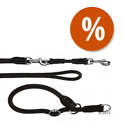 Guinzaglio nero in tessuto con moschettoni metallici e anello regolabile, simbolo percentuale bianco su sfondo arancione che indica offerta o sconto visibile nell'immagine.