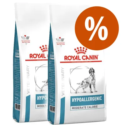 Due sacchi di Royal Canin Hypoallergenic Moderate Calorie Veterinary Nutrition per cani, con simbolo percentuale arancione che indica offerta o sconto visibile sull'immagine.