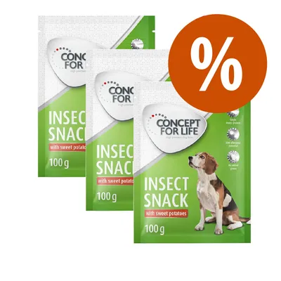 Tre confezioni di Concept for Life Insect Snack with sweet potatoes 100 g, immagine con simbolo percentuale per offerta. Visibile cane e testo: single insect protein, low allergenic potential, no added grains.