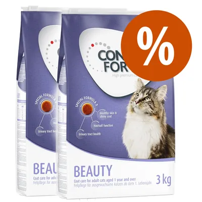 Due confezioni di crocchette per gatti CON... FORMULA BEAUTY 3 kg, con scritte: 'Healthy skin & shiny coat', 'Hairball function', 'Urinary tract health' e simbolo percentuale promozione.