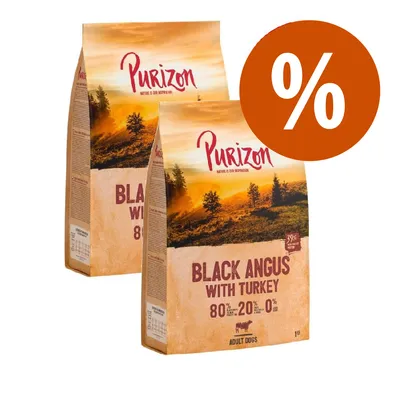 Due confezioni di Purizon Black Angus with Turkey per cani adulti, 80 % carne, 20 % vegetali, 0 % cereali, offerta speciale con simbolo percentuale visibile.