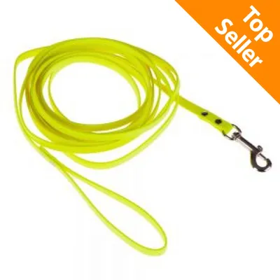 Guinzaglio lungo giallo con moschettone in metallo e maniglia, etichetta arancione con testo Top Seller nell'angolo in alto a destra.