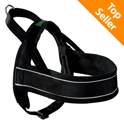 Pettorina nera in tessuto con dettagli rifrangenti, anello in metallo per guinzaglio, etichetta verde. Angolo superiore destro: scritta Top Seller su sfondo arancione.