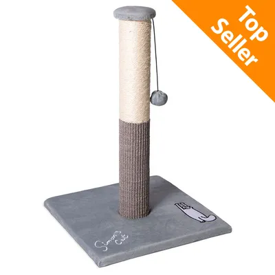 Tiragraffi Simon's Cat con base quadrata grigia, colonna rivestita in sisal e tessuto, pallina appesa e scritta 'Simon's Cat' visibile sulla base. Etichetta arancione: Top Seller.
