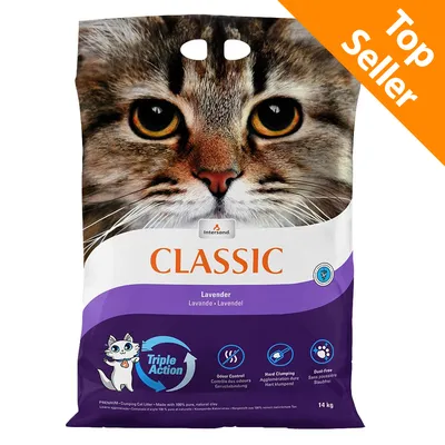 Intersand Classic Lavender lettiera per gatti, 14 kg. Testo visibile: Triple Action, Odour Control, Hard Clumping, Dust-Free. Etichetta arancione: Top Seller.