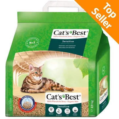 Confezione Cat's Best Sensitive 100% Pflanzliche Streu – Organic litter, 2,9 kg, antibatterico naturale, Top Seller, immagine di gatto e simboli delle caratteristiche visibili.