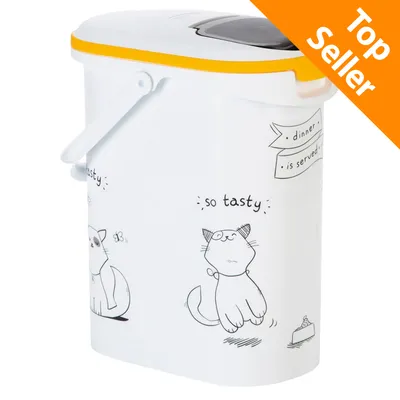 Contenitore bianco con disegni di gatti, scritte visibili: 'so tasty', 'dinner is served'. Etichetta arancione in alto a destra con testo 'Top Seller'.