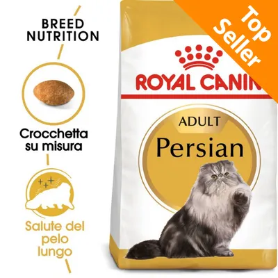 ROYAL CANIN ADULT Persian, crocchetta su misura, salute del pelo lungo, Top Seller, immagine di un gatto persiano sul sacco. Testo in inglese: BREED NUTRITION.
